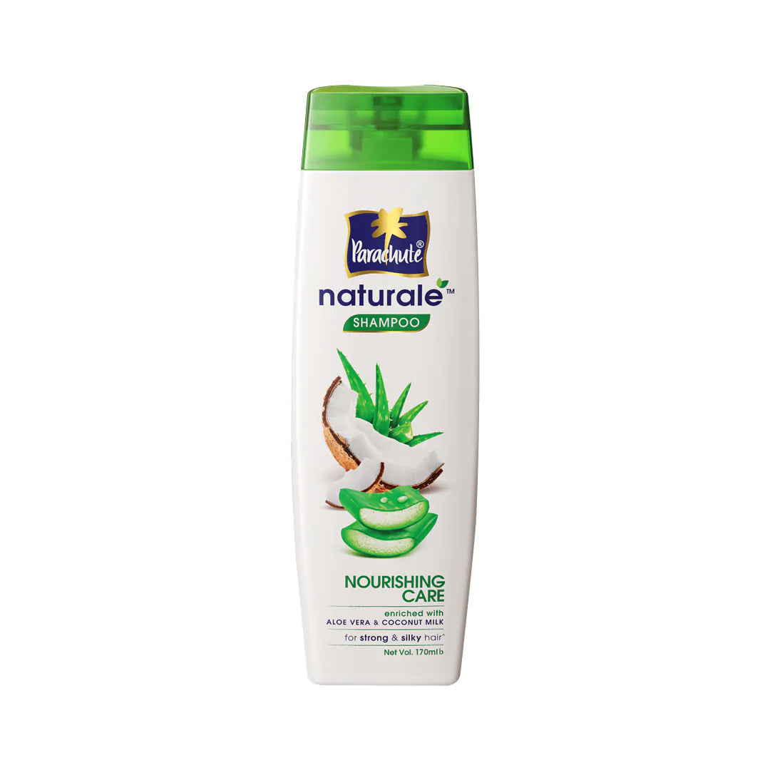 Parachute Naturale Nourishing Care Shampoo with Aloe Vera &amp; Coconut Milk, For Strong &amp; Silky Hair, Smoothens Hair, Paraben Free, 100% Vegan, All Hair Types, (170ml)