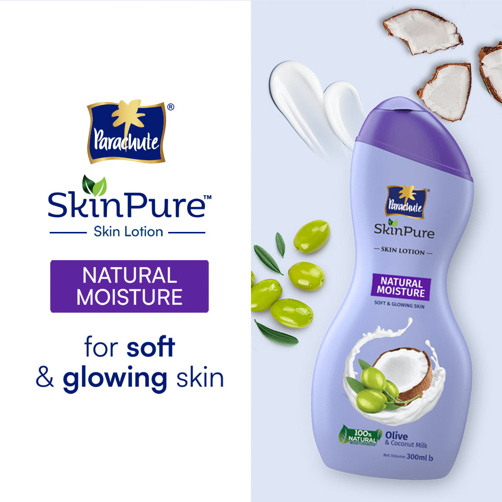 Parachute SkinPure Natural Moisture Body Lotion with Olive &amp; Coconut Milk,For Soft, Glowing, Nourished Skin, 100% Natural Moisturizers, All Skin Types (100ml)