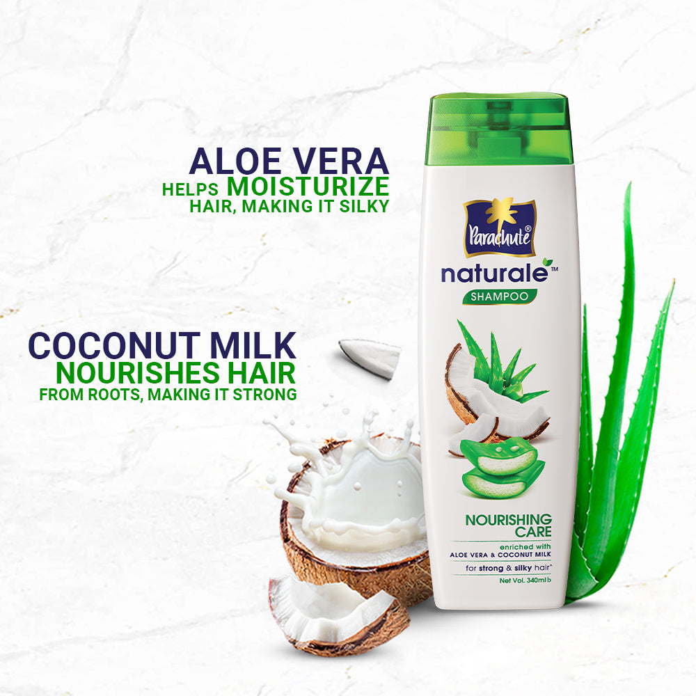 Parachute Naturale Nourishing Care Shampoo with Aloe Vera &amp; Coconut Milk, For Strong &amp; Silky Hair, Smoothens Hair, Paraben Free, 100% Vegan, All Hair Types, (170ml)