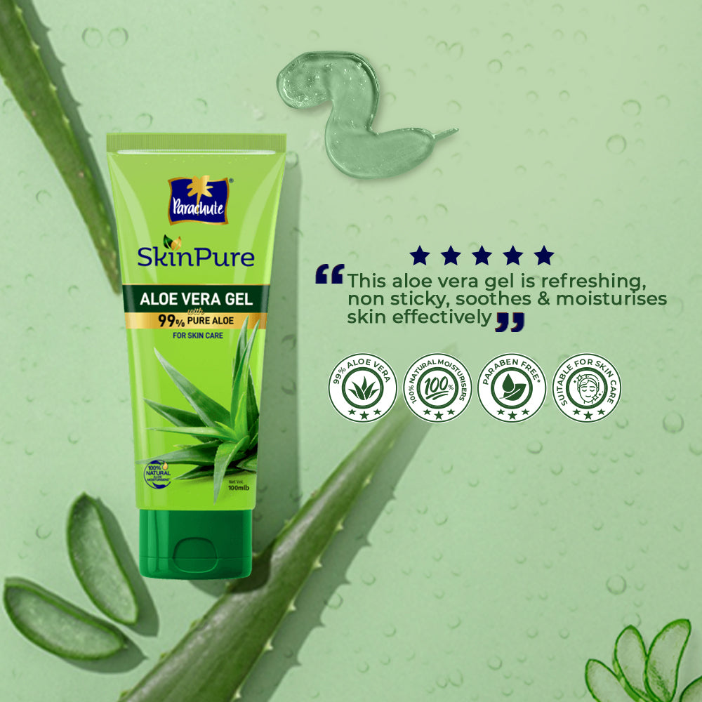 Parachute SkinPure Aloe Vera Gel , 99% Pure Aloe, For Soft, Moisturized &amp; Hydrated Skin, Heals, Repairs, Protects Skin, 8h moisturization, Soothes Sunburn, All Skin Types (50ml)