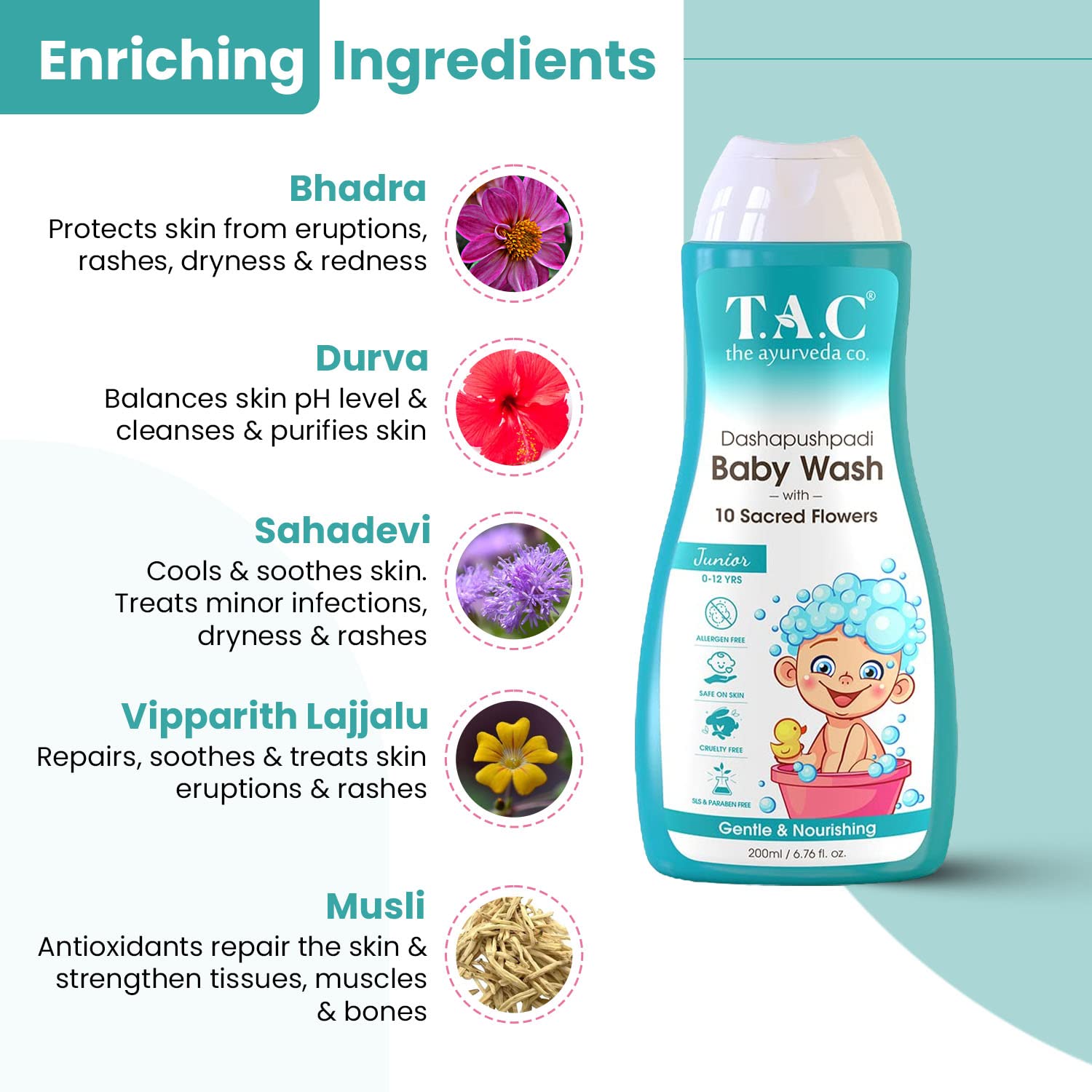 TAC - The Ayurveda Co. Dashapushpadi Baby Wash With 10 Sacred Flowers (200ml)