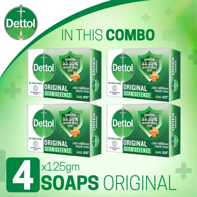 Dettol Soap Original Germ Defence Quad Pack (125gm X 4), Bathing Bar Soaps with protection from 99.99% illness-causing germs