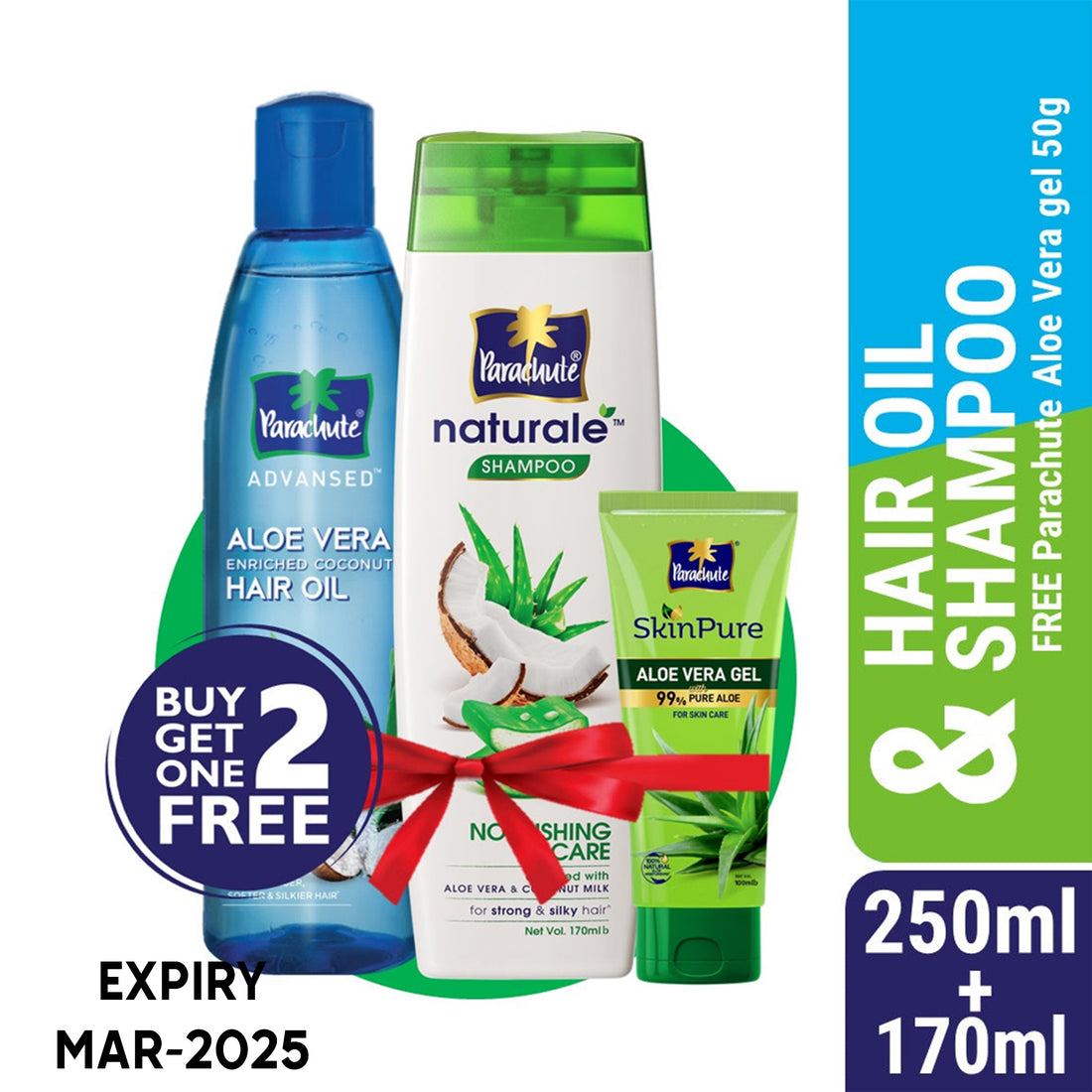 Parachute Hair Oil Advansed Aloe Vera Enriched Coconut 250ml + Parachute Naturale Shampoo Nourishing Care 170ml (Free SkinPure Aloe Vera Gel 50g)