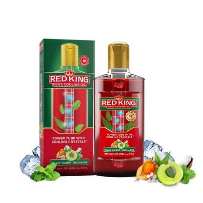 Red King Men’s Cooling Oil with 18 Natural Ingredients, Amla &amp; Menthol Crystals, Gives Calm, Cooling Effect, Relieves Headache, Stress, Fatigue, Helps Relax, Recharge &amp; Sleep (100ml)