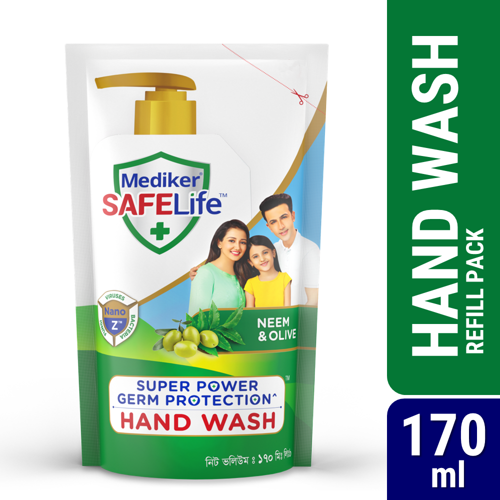 Mediker SafeLife Hand Wash Refill with Neem &amp; Olive Oil , Protection from Germs , Fights Bacteria, Virus, Fungi (170ml)