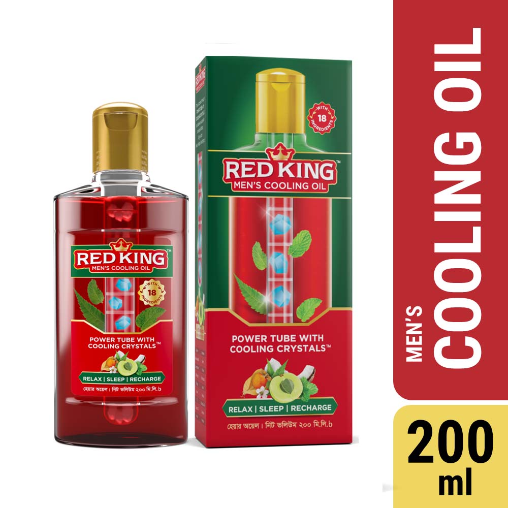 Red King Men’s Cooling Oil with 18 Natural Ingredients, Amla &amp; Menthol Crystals, Gives Calm, Cooling Effect, Relieves Headache, Stress, Fatigue, Helps Relax, Recharge &amp; Sleep (200ml)