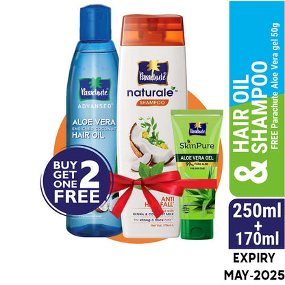 Parachute Hair Oil Advansed Aloe Vera Enriched Coconut 250ml + Parachute Naturale Shampoo Anti Hair Fall 170ml (Free SkinPure Aloe Vera Gel 50g)