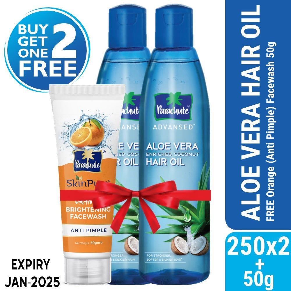 Parachute Hair Oil Advansed Aloe Vera Enriched Coconut 250ml Double Pack (FREE Orange Facewash - ANTI PIMPLE - 50gm)