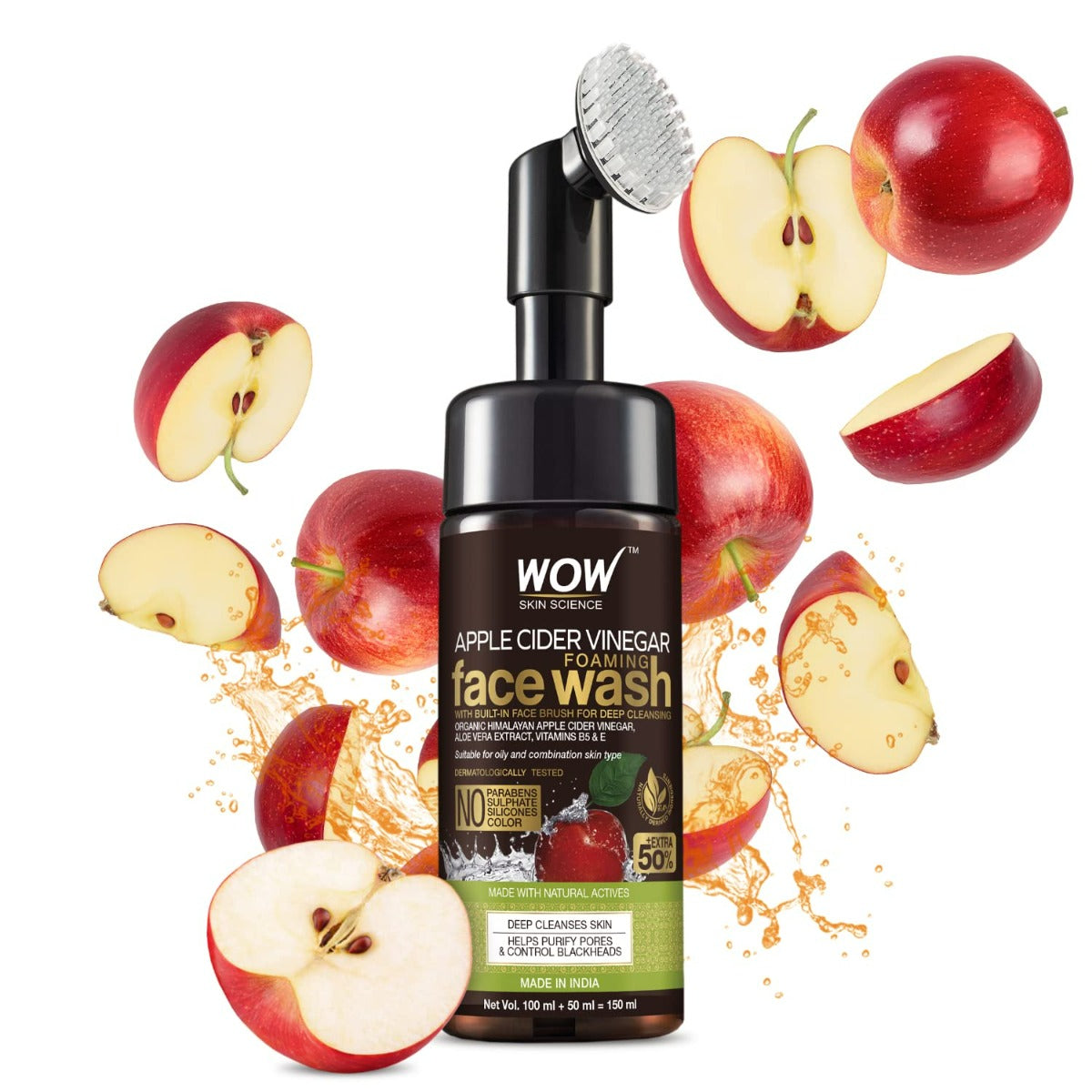 Wow Skin Science Apple Cider Vinegar Face Wash with Brush (150ml)