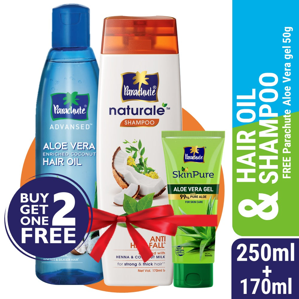 Parachute Hair Oil Advansed Aloe Vera Enriched Coconut 250ml + Parachute Naturale Shampoo Anti Hair Fall 170ml (Free SkinPure Aloe Vera Gel 50g)