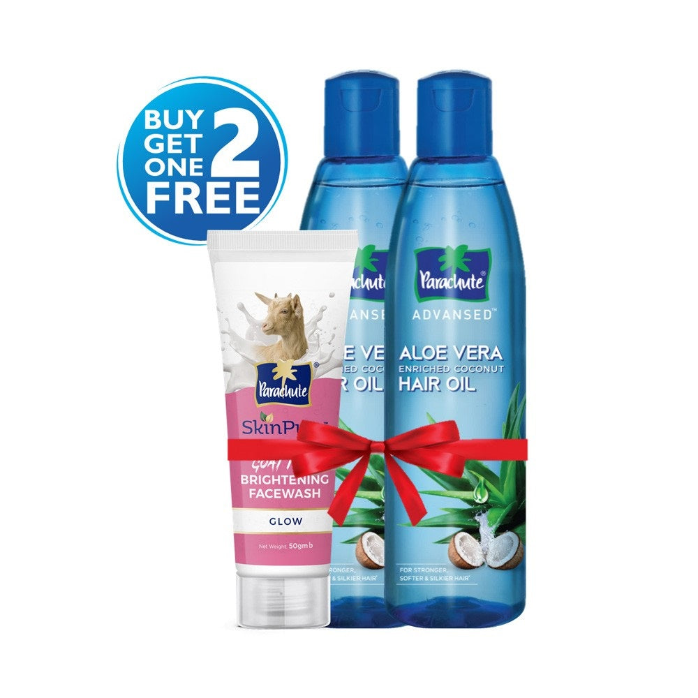 Parachute Hair Oil Advansed Aloe Vera Enriched Coconut 250ml Double Pack (FREE Goat Milk Facewash - GLOW - 50gm)