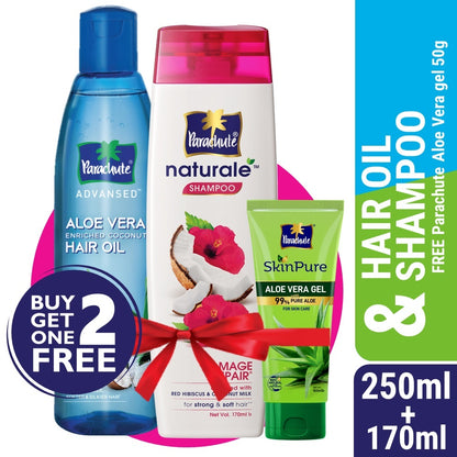 Parachute Hair Oil Advansed Aloe Vera Enriched Coconut 250ml + Parachute Naturale Shampoo Damage Repair 170ml (Free SkinPure Aloe Vera Gel 50g)